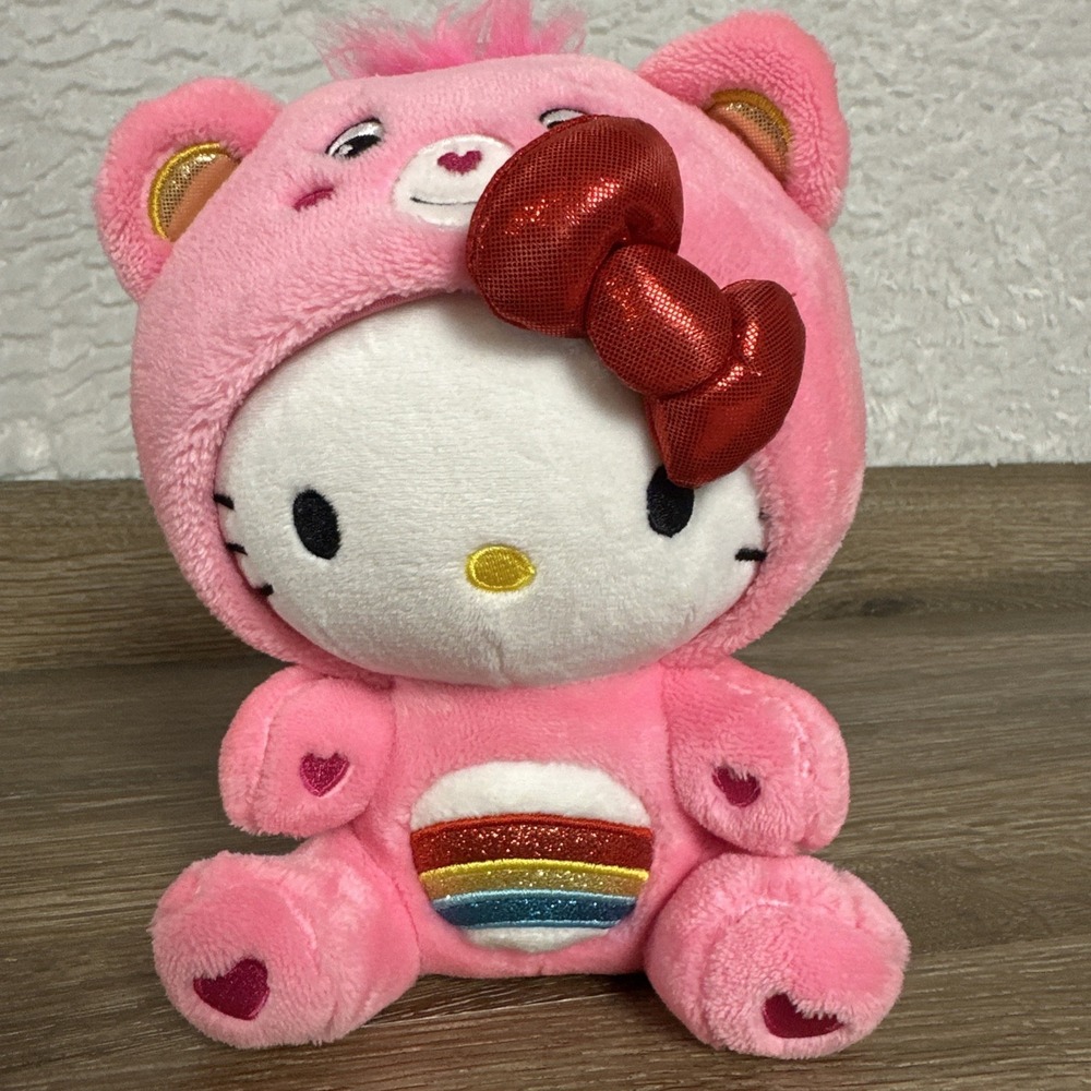 Hello Kitty Cheer Bear Plush 10" Care Bears Rainbow Heart Sanrio 2023 Pink